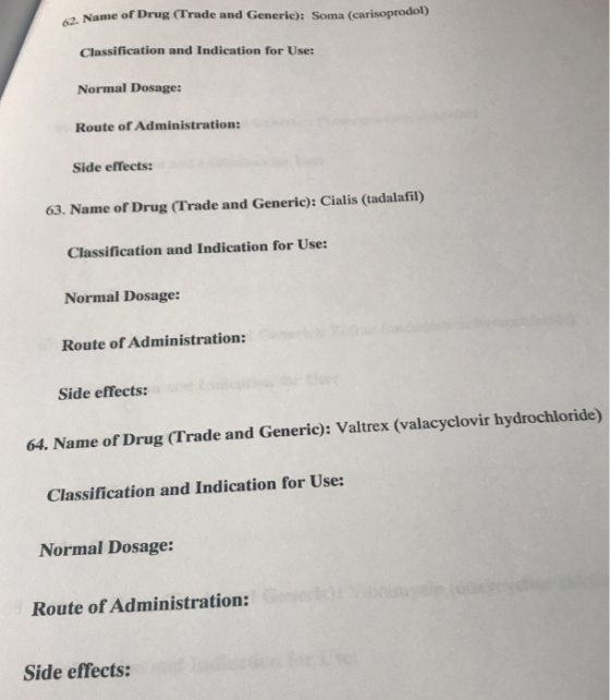 62 Name of Drug (Trade and Generic): Soma (carisoprodol) Classification and Indication for Use: Normal Dosage: Route of Admin