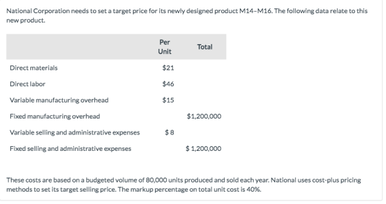National Corporation needs to set a target price for its newly designed product M14-M16. The following data relate to this ne