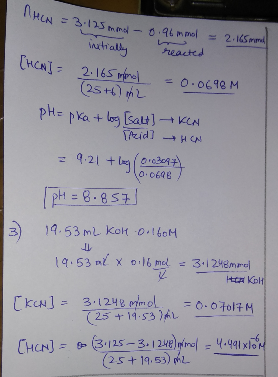 = 3.125mmol 0.96 m mol = 2.165mmd instrally reactcd CHCNT=2.165mpnc O.0698 M PH=pka+ log [salt]KCN TAidJ HCN + lag 9.21 O.069