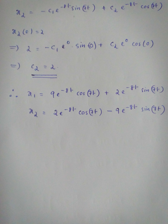= – ce etsin It) + ca est cosat) N 2 (0)=2 =) a = -c, e. sin (0) + ca eo cos(0) =) c2=2. e. ai = q est cos (At) + 2e-st sin f