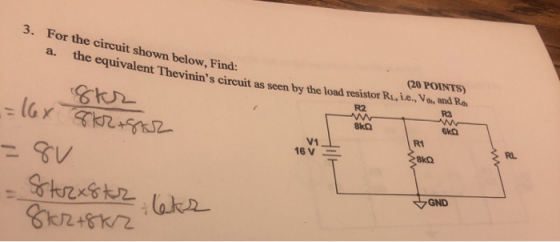 3. For the circuit shown below. Find: a. the equivalent Thevinins circuit as seen by the load resistor (20 POINTS) vinins c