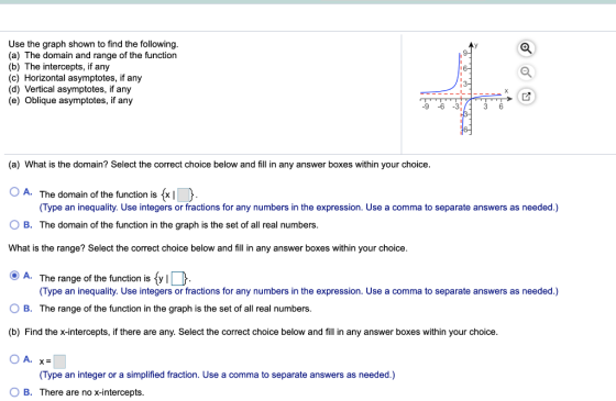 Use the graph shown to find the following. (a) The domain and range of the function (b) The intercepts, if any (c) Horizontal