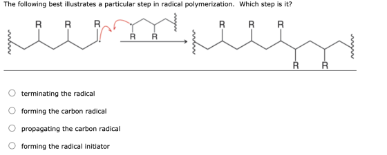 The following best illustrates a particular step in radical polymerization. Which step is it? R R R R R R نتثنتثر R R R R ter