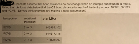 Chemists assume that bond distances do not change when an isotopic substitution is made. Using the rotational data below find