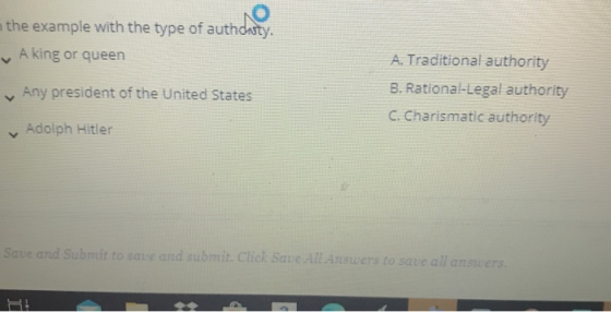 n the example with the type of authdasty. Aking or queen Any president of the United States A. Traditional authority B. Ratio