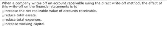 When a company writes off an account receivable using the direct write-off method, the effect of this write-off on the financ