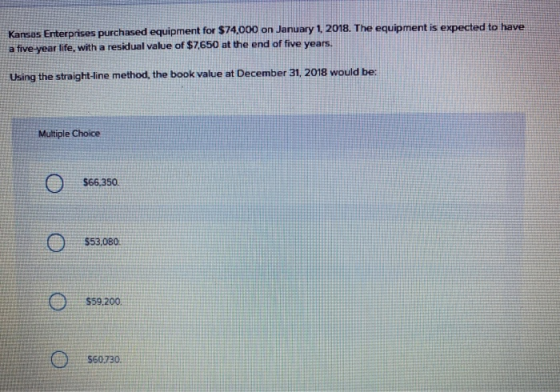Kansus Enterprises purchased equipment for $74,000 on January 1, 2018. The equipment is expected to have a five year life, wi