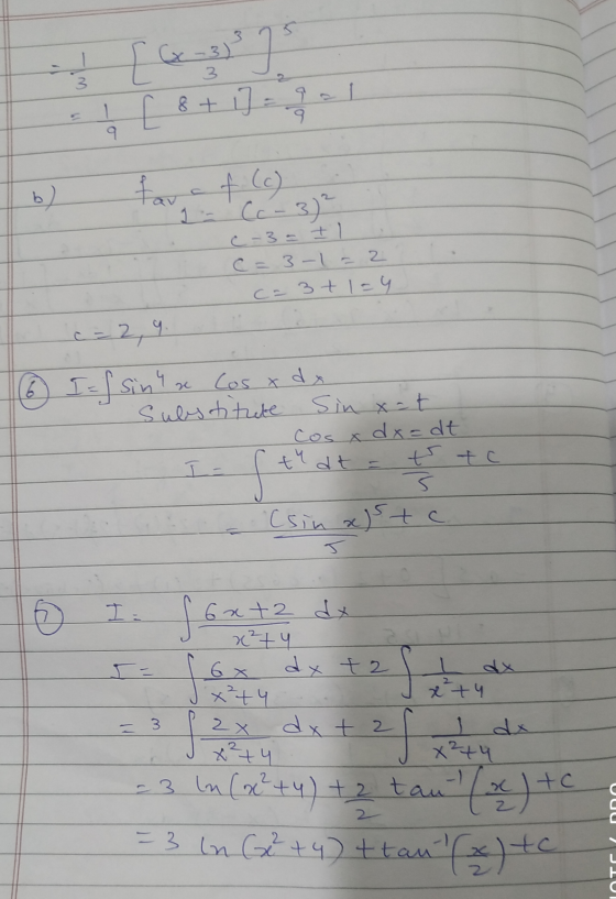 3) 3 3 2 1 1 [ 8 + 1] 9 9 far af (c) I-CC-3)? c-3 = Il C = 3-1 = 2 C = 3+1=4 c=2,9 6 I = f sin a Cose da Substitute Sin x-t