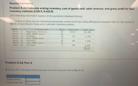 Required information Problem 6-2A Calculate ending inventory, cost of goods sold, sales revenue, and gross profit for four in