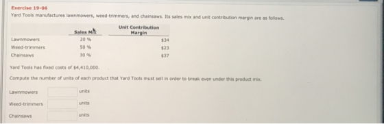 Exercise 19-06 Yard Tools manufactures lawnmowers, weed-trimmers, and chainsaws. Its sales mix and unit contribution margin a