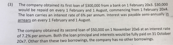 (3) The company obtained its first loan of $300,000 from a bank on 1 February 20x3. $30,000 would be repaid on every 1 Februa