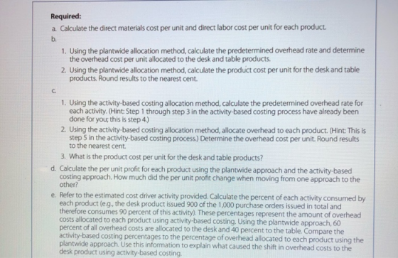 Required: a. Calculate the direct materials cost per unit and direct labor cost per unit for each product. 1. Using the plant