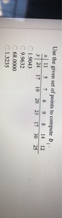y24 Use the given set of points to compute b. x 11 5 7 6 9 8 14 12 17 19 20 23 17 30 25 C 1.9043 C 9.9632 68.0000 1.3235