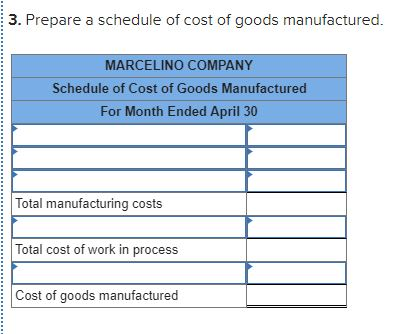 3. Prepare a schedule of cost of goods manufactured. MARCELINO COMPANY Schedule of Cost of Goods Manufactured For Month Ended
