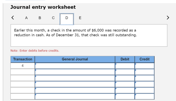 Journal entry worksheet > А В с D E Earlier this month, a check in the amount of $6,000 was recorded as a reduction in cash.