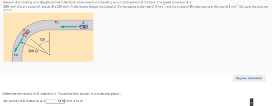 Racecar A is traveling on a straight portion of the track while racecar B is traveling on a circular portion of the track. Th