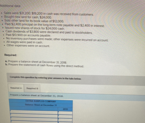 Additional data: Saves were $31200: $19,200 in cash was received from customers. Bought new land for cash, $24,000. sold othe