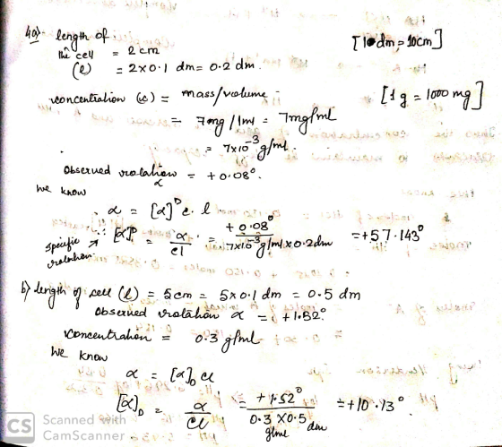 Hol length of the the cell = 2 cm [10dm 10cm re) - 2x0.1 dm= 0.2 dm. . i concentration (6) = mass/volume . * [tg a looo mg] S