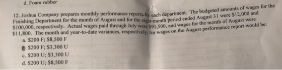 d. Foam rubber 12. Joshua Company prepares monthly performance reports for each department. The budgeted Finishing Department