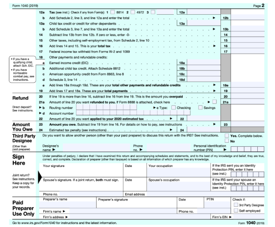 13a Form 1040 (2019) Page 2 12a Tax (see inst.) Check if any from Form(s): 1 8814 2 4972 3 12a b Add Schedule 2, line 3, and