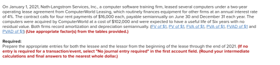 On January 1, 2021, Nath-Langstrom Services, Inc., a computer software training firm, leased several computers under a two-ye