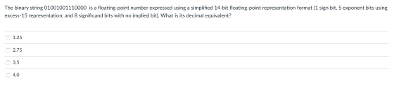 The binary string 01001001110000 is a floating-point number expressed using a simplified 14-bit floating-point representation
