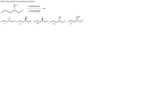 Predict the product for the following reaction. 1. Nal/acetone 2. NaCN/DMF لي لي لي رٹہ سٹہ