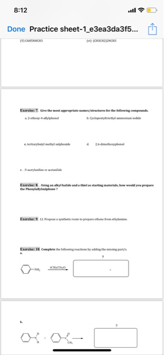 8:12 Done Practice sheet-1_e3ea3da3f5... 17 ( VCSNCHS OCRINO Exercise: 7. Give the most appropriate name/structures for the l