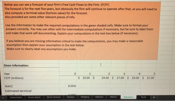 Below you can see a forecast of your firms Free Cash Flows to the Firm. (FCFF) The forecast is for the next five years, but