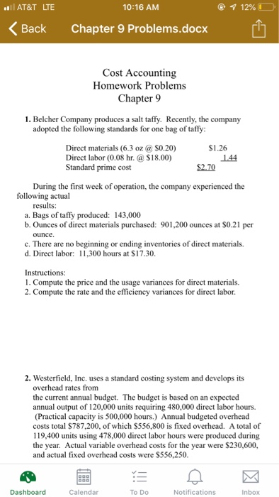@ 12% O . AT&T LTE < Back 10:16 AM Chapter 9 Problems.docx Cost Accounting Homework Problems Chapter 9 1. Belcher Company pro