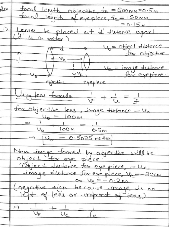An focal lenth abjectivea focal 1enyth ofeyepieceie SooMM 0.SM ISO MM Lenses Lau in meter be placed ct dJistance cpard g=obje