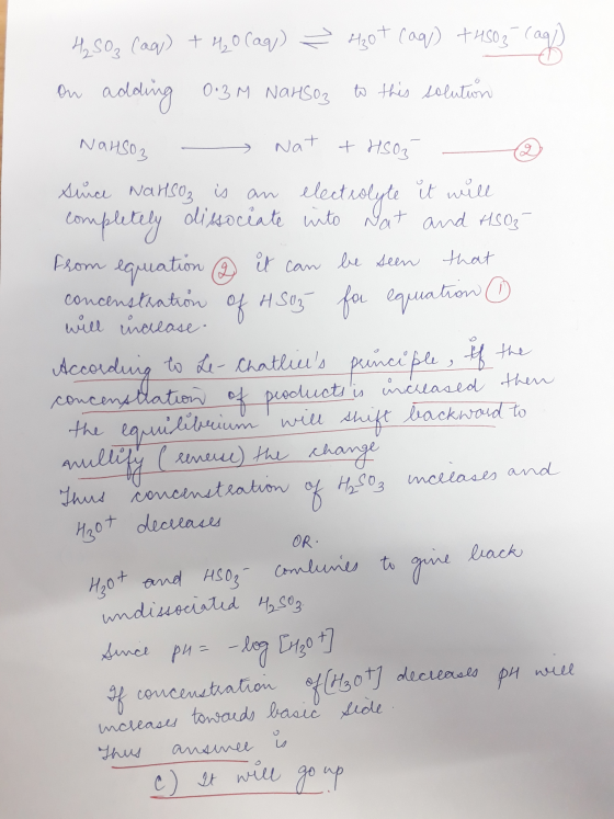 H₂ SO₂ (aq) + H₂O (aq) ³ 430 + (aq) +HSO3- (aq) on adding 0.3M NaHSO3 to this solution NaHSO3 - Nat + HS05 2 sunce Narsoz is