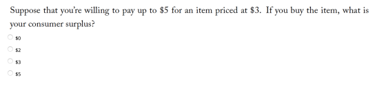 Suppose that youre willing to pay up to $5 for an item priced at $3. If you buy the item, what is your consumer surplus? ООО