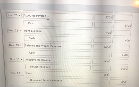 Nov. 20 Accounts Payable 2700 Cash 2700 Nov. 22 Rent Expense Cash Nov. 25 Salaries and Wages Expense 1000 Cash 1000 Nov. 27 A