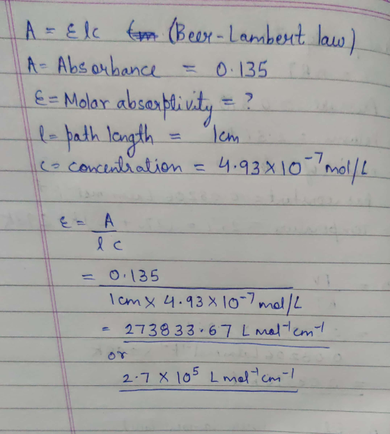 pm (Bear-Lambert A-Elc law) A Abs orhance 0.135 EMolar absaxlivty path langth lem 4.93x 10mol/L o concenliation C O.135 1cmx