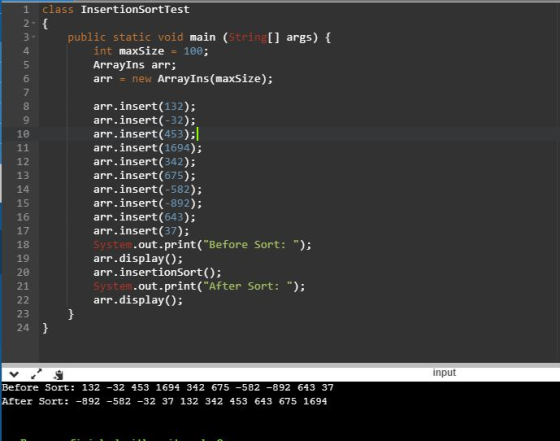 1 class InsertionSortTest public static void main(String[] args) { int maxSize = 100; ArrayIns arr; arr = new ArrayIns(maxSiz