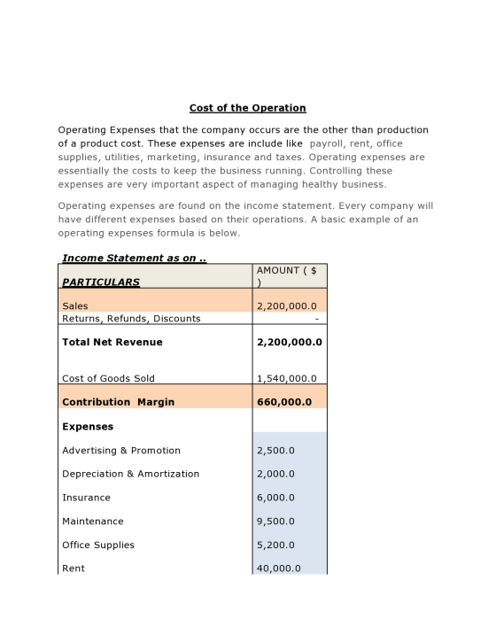 Cost of the Operation Operating Expenses that the company occurs are the other than production of a product cost. These expen
