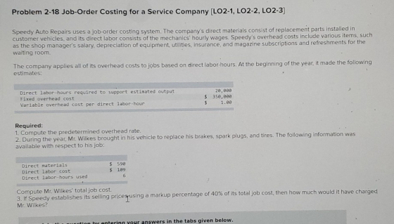 Problem 2-18 Job-Order Costing for a Service Company (LO2-1, LO2-2, LO2-3] Speedy Auto Repairs uses a job-order costing syste
