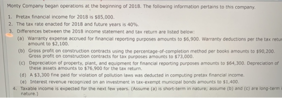 Monty Company began operations at the beginning of 2018. The following information pertains to this company. 1. Pretax financ