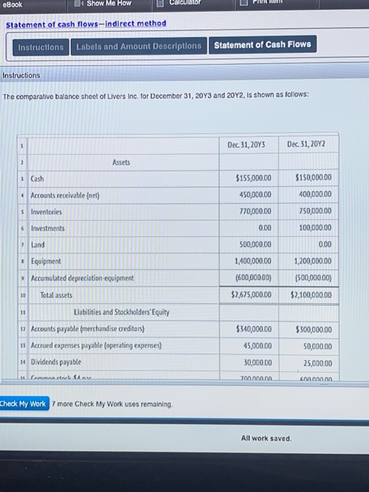 4 Show Me How alculator eBook Statement of cash flows-indirect method Statement of Cash Flows Labels and Amount Descriptlons