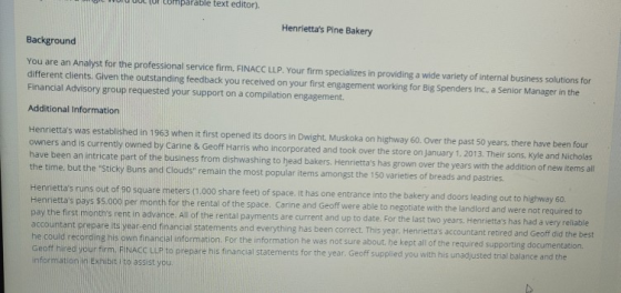 of comparable text editor). Henriettas Pine Bakery Background You are an Analyst for the professional service firm, FINACC L