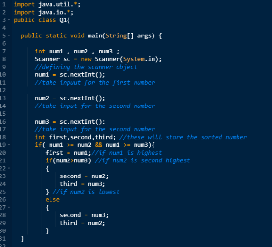 6 7 9 10 13 14 1 import java.util. 2 import java.io.*; 3- public class Q1{ 4 5 public static void main(String[] args) { int