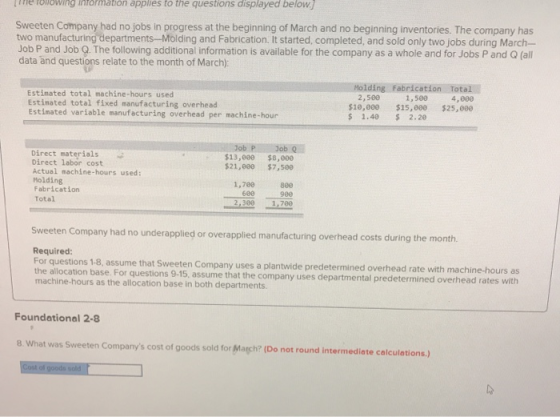 Ollowing information applies to the questions displayed below. Sweeten Company had no jobs in progress at the beginning of Ma