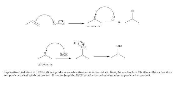 Cl Cl carbocation OEt EtOH carbocation Explanati on: Addition of HCl to alkene produces a carbocation as an interme diate. No