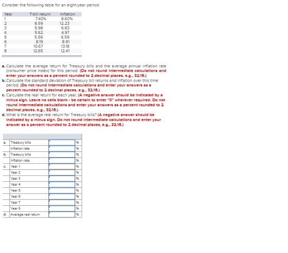 Consider the following table for an eight-year period: Year WN T-bill return 7.40% 8.59 5.98 5.62 5.56 8.19 10.67 12.65 Infla