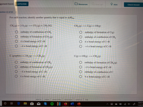 cve Up Resources Hint gnment Score: 1879/2500 Check Answer estion 22 of 25 For each reaction, identify another quantity that