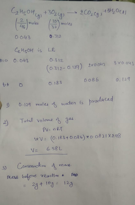 C ₂ H 5 OH cg, +30 2(g) 200, Cg , + 3H2O ces 0.043 0.312 C2H5OH is to 0.043 LR 0.312 (0.312-0. 129) 2x0.043 3x0.043 t o 0 .18