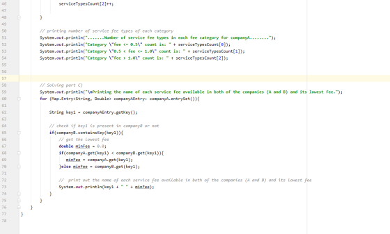 serviceTypesCount[2]++; // printing number of service fee types of each category System.out.println(.......Number of service