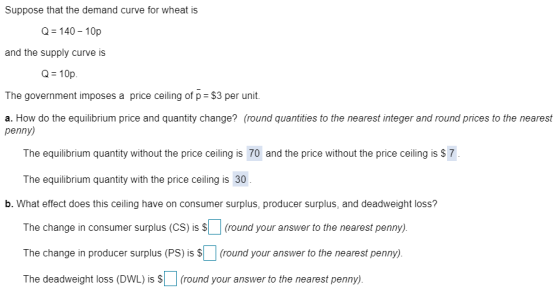 Suppose that the demand curve for wheat is Q-140-10p and the supply curve is Q 10p The government imposes a price ceiling of p $3 per unit a. How do the equilibrium price and quantity change? (round quantities to the nearest integer and round prices to the nearest penny) The equilibrium quantity without the price ceiling is 70 and the price without the price ceiling is s7 The equilibrium quantity with the price ceiling is 30 b. What effect does this ceiling have on consumer surplus, producer surplus, and deadweight loss? The change in consumer surplus (CS) is $L (round your answer to the nearest penny) The change in producer surplus (PS) is S(round your answer to the nearest penny). The deadweight loss (DWL) is S(round your answer to the nearest penny).