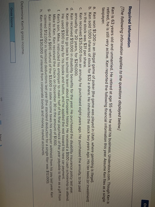 Ch Required information (The following information applies to the questions displayed below.] Ken is 63 years old and unmarri